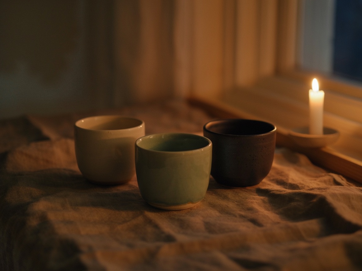 The same three ceramic cups on the linen cloth at night, lit by a single candle on the windowsill at the right, with a dark window behind.
